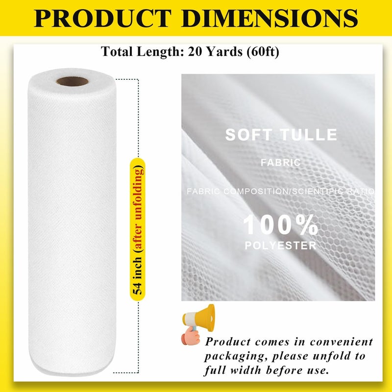 Ableme Deco 54" by 20 Yards White Tulle Fabric Rolls - Tutu Spool Bolt for DIY Wedding Decoration, Baby Shower Tutu Skirt, Gift Wrapping - Large Matte Tulle, Roll Packaging - Image 3